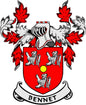Bennet family crest coat of arms pinback with red shield, lions, and BENNET banner