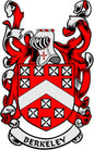 Berkeley family crest enamel coat of arms pinback, red and white shield with banner