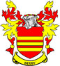 Coat of arms pinback badge with shield, flames, and ribbon reading BERRY
