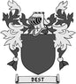 Coat of arms pinback badge with dark shield and 'BEST' banner