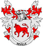 Beville family crest pinback with red lion shield and BEVILLE banner