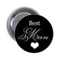 Best man pinback button, 1.25-inch, black with white script 'Best Man' and heart.