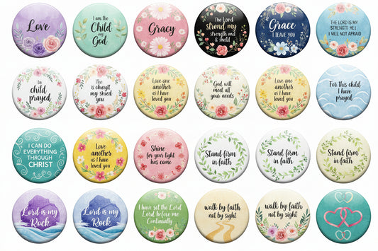 A grid of 24 circular pinback button designs featuring Bible verses and floral watercolor backgrounds, with text indicating 1.25" pinback buttons.