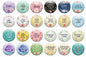 A grid of 24 circular pinback button designs featuring Bible verses and floral watercolor backgrounds, with text indicating 1.25" pinback buttons.