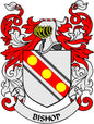 Bishop family crest coat-of-arms magnet: red and gray shield with gold dots and ribbon