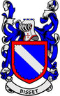 Bisset family crest coat of arms enamel pin with blue shield, white diagonal stripe, red border