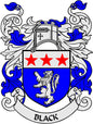 Family crest coat of arms pinback with blue shield, red stars, white lion, and “BLACK” ribbon