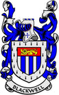 Family crest pinback with blue shield, crown, ornate banner reading BLACKWELL, enamel details