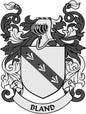 Family crest pinback badge with shield and 'BLAND' banner, black and white