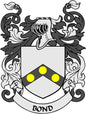 Coat of arms pinback with shield crest, yellow dot accents, ribbon text