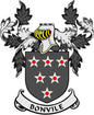 Bonvile family crest coat of arms pinback with dark shield, red stars, and BONVILE banner