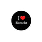 Black I Love Borscht pinback button with red heart and white lettering