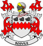 Bosvile family crest arms magnet: red-and-white shield with black wolf heads and ribbon