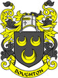 Family crest pinback badge with dark shield, yellow flames, and BOUGHTON ribbon