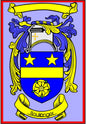 Boulanger family crest arms magnet with blue shield, gold stars, and flower icon