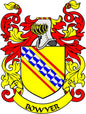 Bowyer coat of arms pinback badge with yellow shield, blue cross shapes, red ribbons