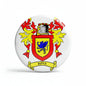 Round white family crest magnet with coat of arms and red yellow banner text "BOYS"