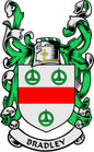 Family crest coat of arms magnet with Bradley banner, green and red shield