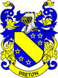Family crest arms magnet with blue and yellow shield and "BRETON" banner