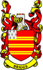 Briggs coat of arms pinback badge with red lions, yellow scrolls, striped shield