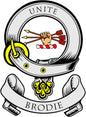 Round coat of arms pinback with helmet crest and “UNITE” and “BRODIE” text