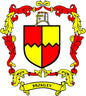 Family crest arms magnet with split red and yellow shield and banner reading “Bromley”