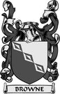 Browne family crest coat of arms magnet with black shield and 'BROWNE' ribbon