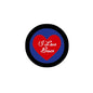 2.25-inch pinback button with black rim, blue background, red heart reading I Love Bruce