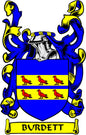 Burdett family crest pinback with blue shield, red birds, and BURDETT banner