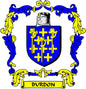 Blue and gold family crest pin with shield and banners reading “BURDON”.