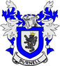 Burnell coat of arms pinback: blue shield with black lion and crown, banner 'BURNELL'
