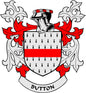 Coat of arms pinback: shield with black silhouettes, red accents, white banner.
