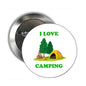 Round camping badge pin with “I LOVE CAMPING” and tent, trees, and camping gear