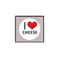 I Love Cheese pinback button with “I ♥ CHEESE” text and red heart icon