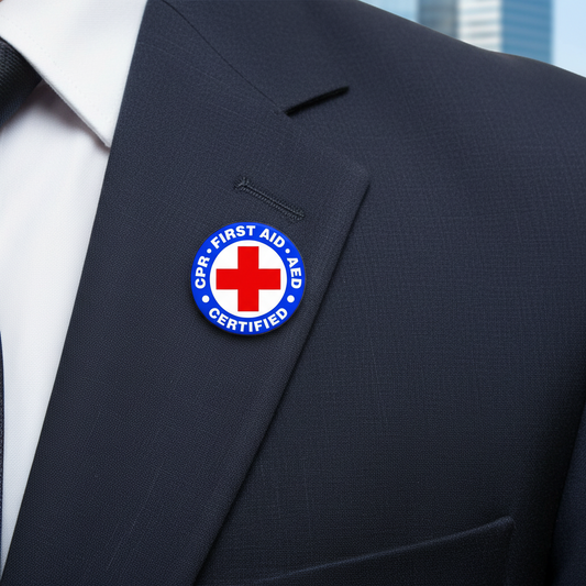First Aid AED Certified lapel pin on a dark navy blazer lapel
