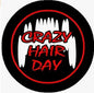 Round black pinback button with red border, CRAZY HAIR DAY text and white hair graphics