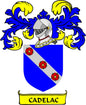 Cadelac family crest pinback: blue shield, knight helmet, yellow lions, red roses