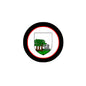 Round coat of arms fridge magnet with black border and red ring, shield crest tree design