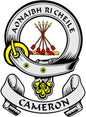 Cameron family crest pinback button featuring a helmet crest and crossed swords design