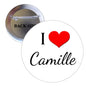 Round I Love Camille pin with red heart and cursive "Camille" text