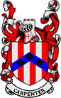 Carpenter family crest pinback with red, white, blue coat of arms and ribbons
