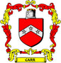 Carr family crest enamel pinback with red shield, gray chevron, stars, and CARR ribbon