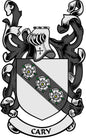Cary family crest coat of arms pinback with ribbon banner reading “CARY”