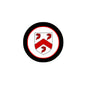 Round black-edged magnet with red and white family crest shield design