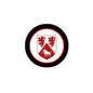 Round black magnet with red inner ring and white coat of arms crest