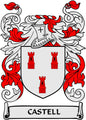 Castell family crest magnet with red castle towers on white shield