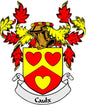 Family crest pinback: yellow and red shield with hearts and 'Caulx' banner