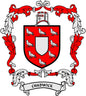 Chadwick family crest enamel pinback with red shield, white center, and CHADWICK banner