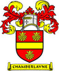 Family crest coat of arms magnet with shield, crown, lions and “Chamberlayne” text