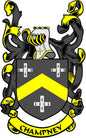 Coat of arms magnet, 3-inch, yellow and black crest with CHAMPNEY ribbon text